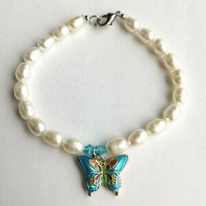 NWT white freshwater pearl bracelet with blue cloisonne enamel  butterfl…